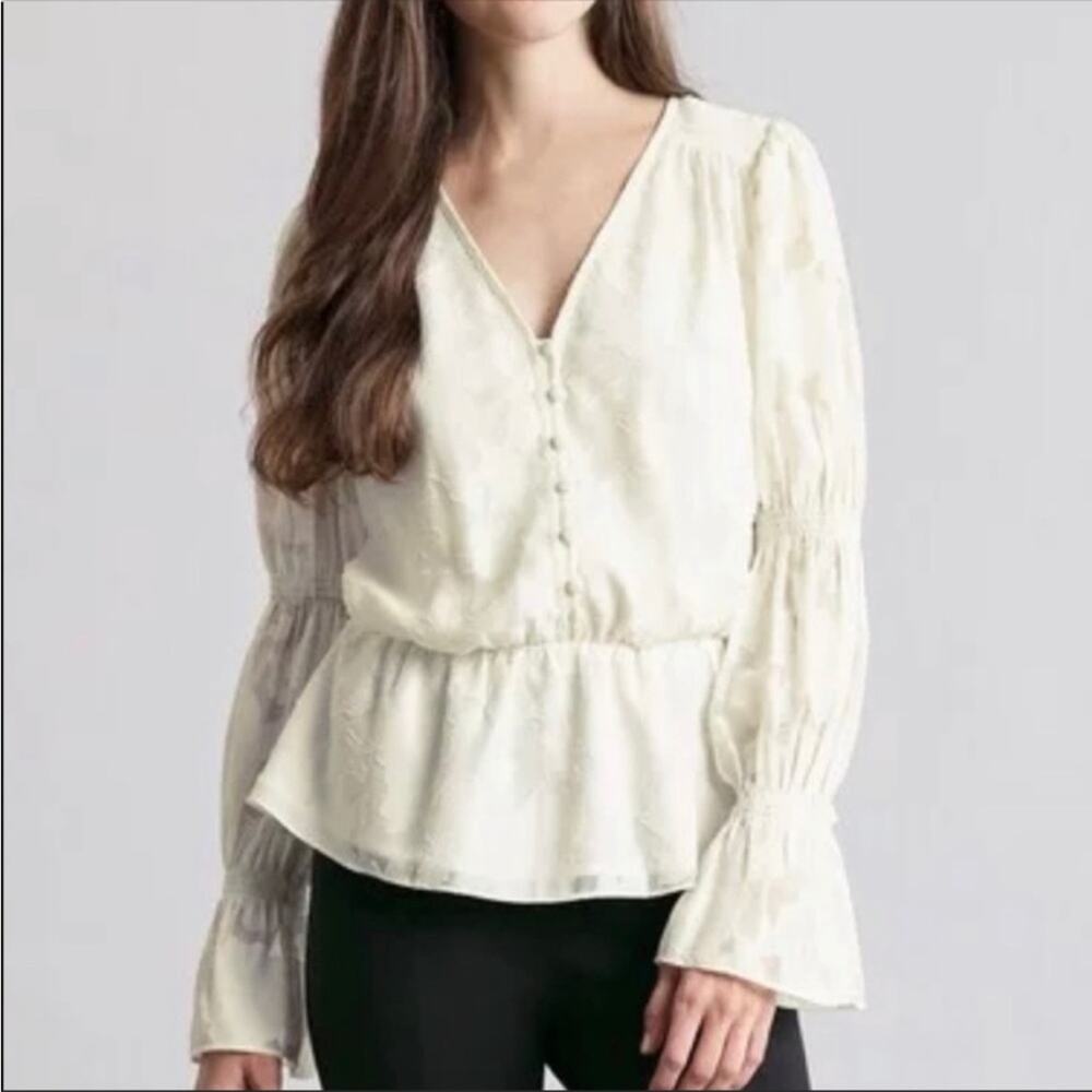 Elizabeth & James White Textured Floral Peplum Peasant Sleeve Button Up Blouse M